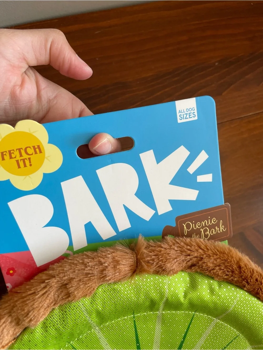 New BARK Green and Brown Kiwi Plush Ring Dog Toy
